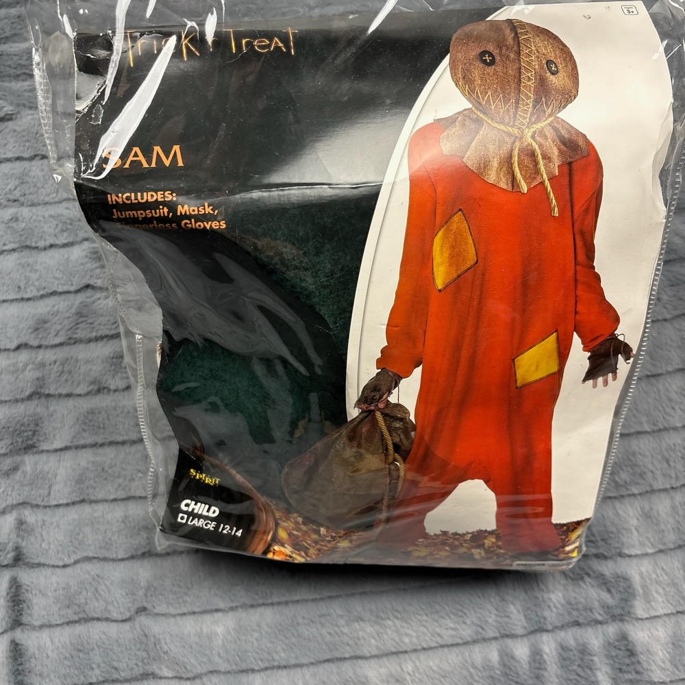 Spirit Halloween Trick r Treat Sam Costume Child Large 12-14 Jumpsuit Mask Set